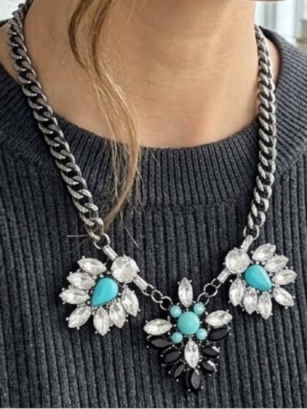 American Eagle Necklace Turquoise Silver Floral Statement Chunky Festival Y2K